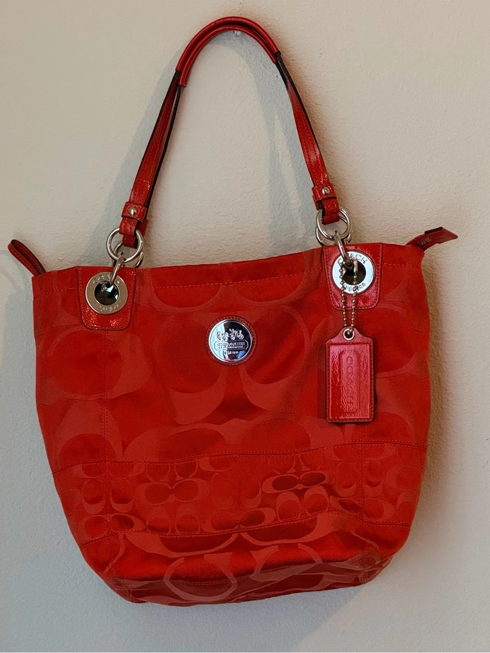 Red/Orange Coach Alex tote satin and patent leather